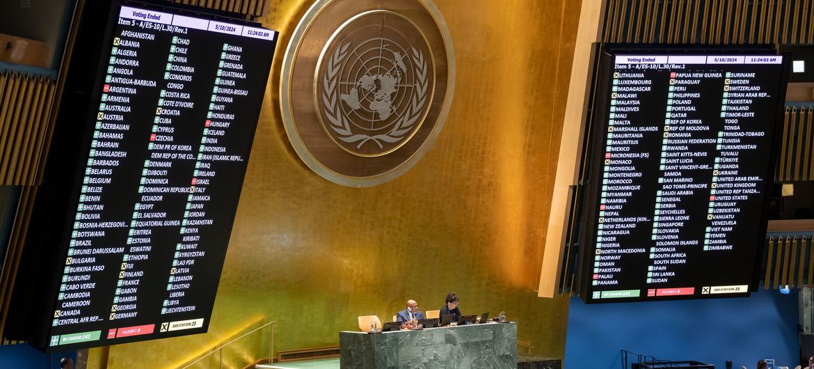 The United Nations General Assembly votes by majority in favor of a draft resolution supporting Palestine’s application for membership in the organization