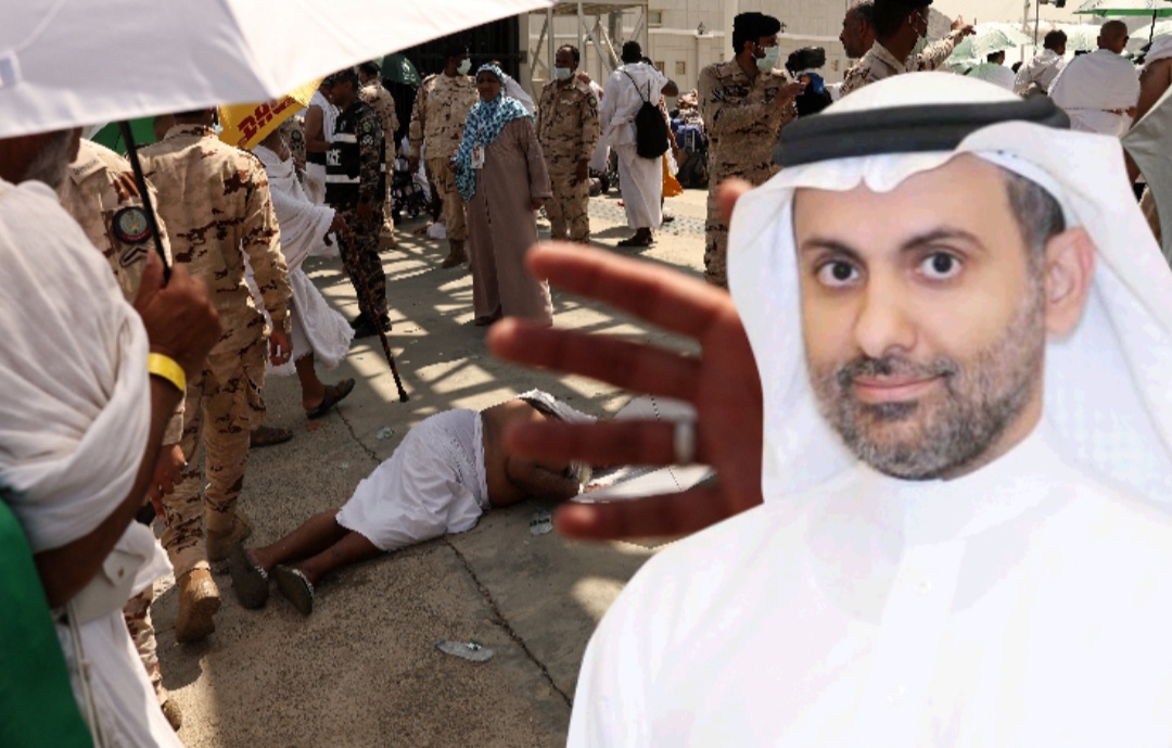 The Saudi Minister of Health with a picture of a pilgrim lying on the ground