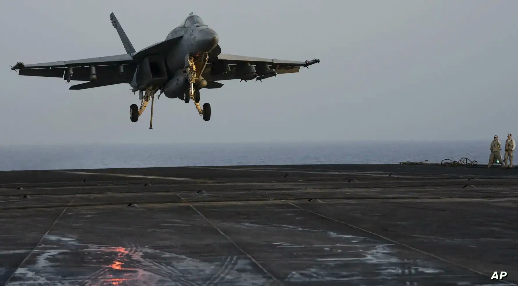 US fighter jet takes off from a barge in the Red Sea